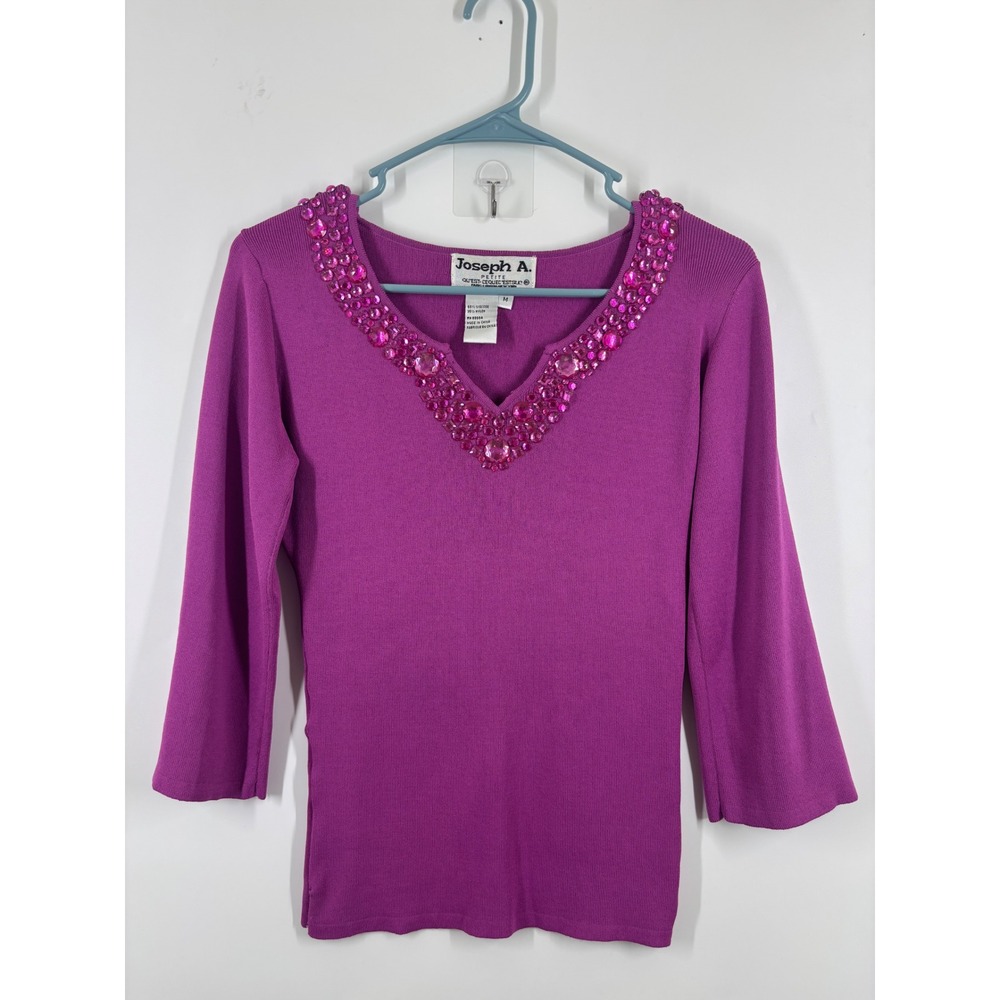 Joseph A Magenta Purple Beaded V-Neck Knit Top 3/4 Sleeve Medium